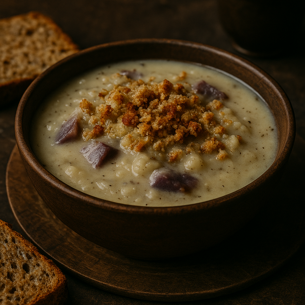 Served thinner, like a soup, with stale bread crumbled on top.