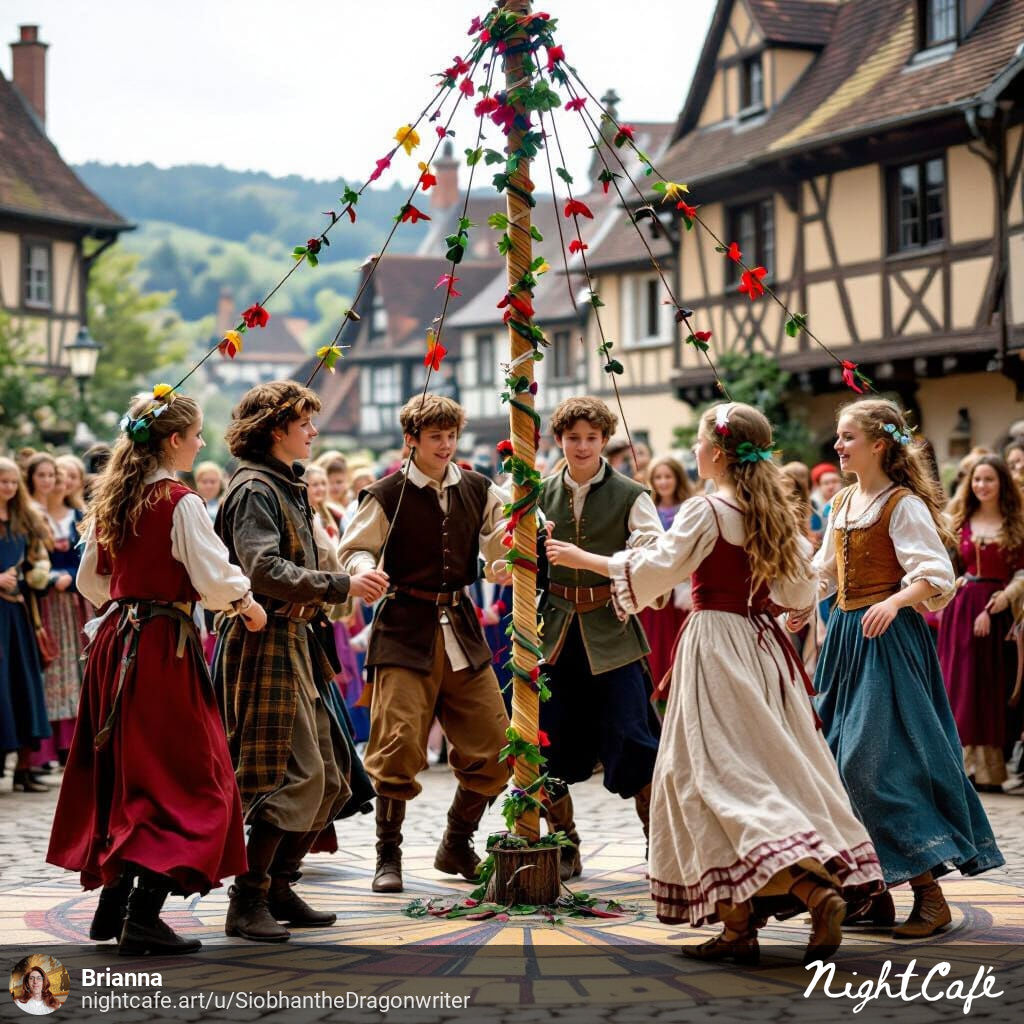 Image of a group of teens dancing around the ribbon pole