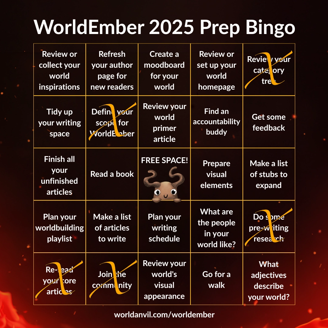 Bingo card with various tasks for World Ember 2025 preparation