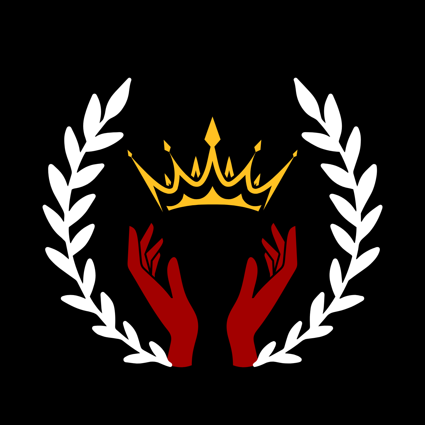A pair of red hands reaching for a golden crown flanked by white laurels